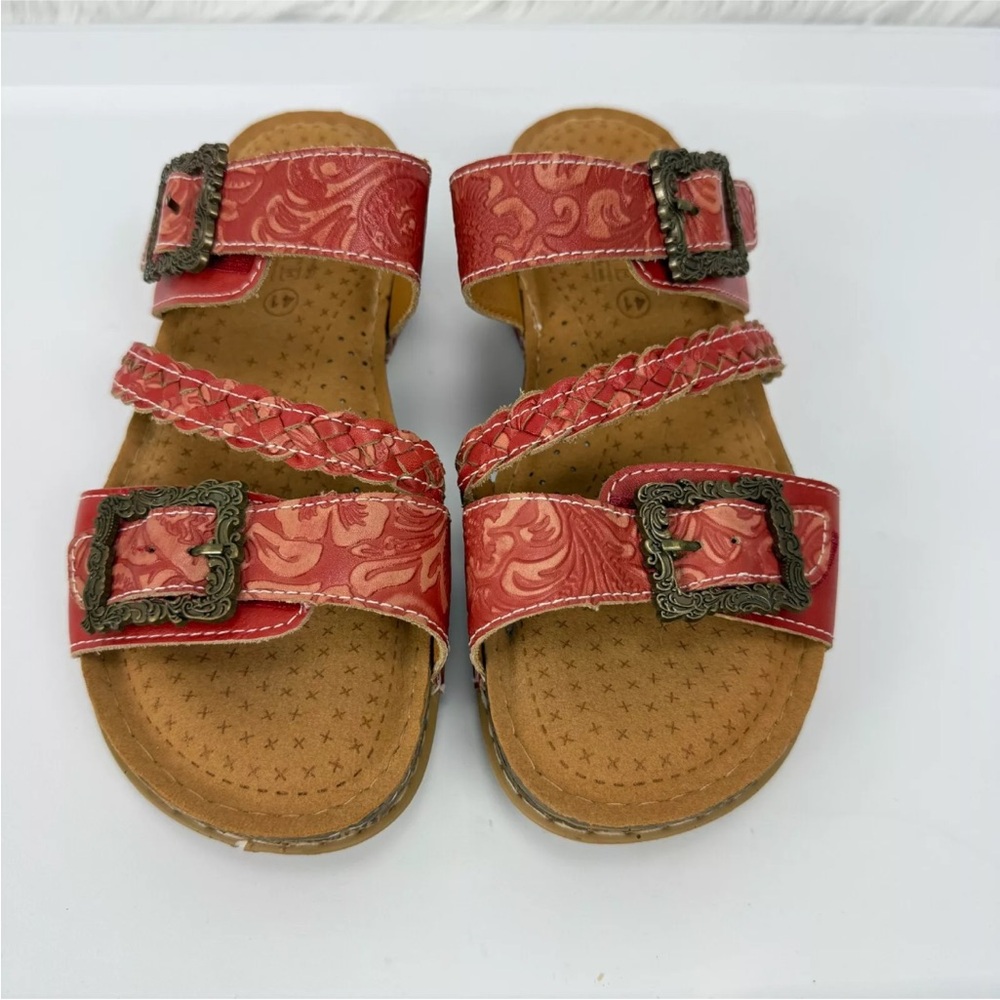 L'Artiste Spring Step ASTRA Red Leather Strappy Buckle Slip On Sandals 41 US 10